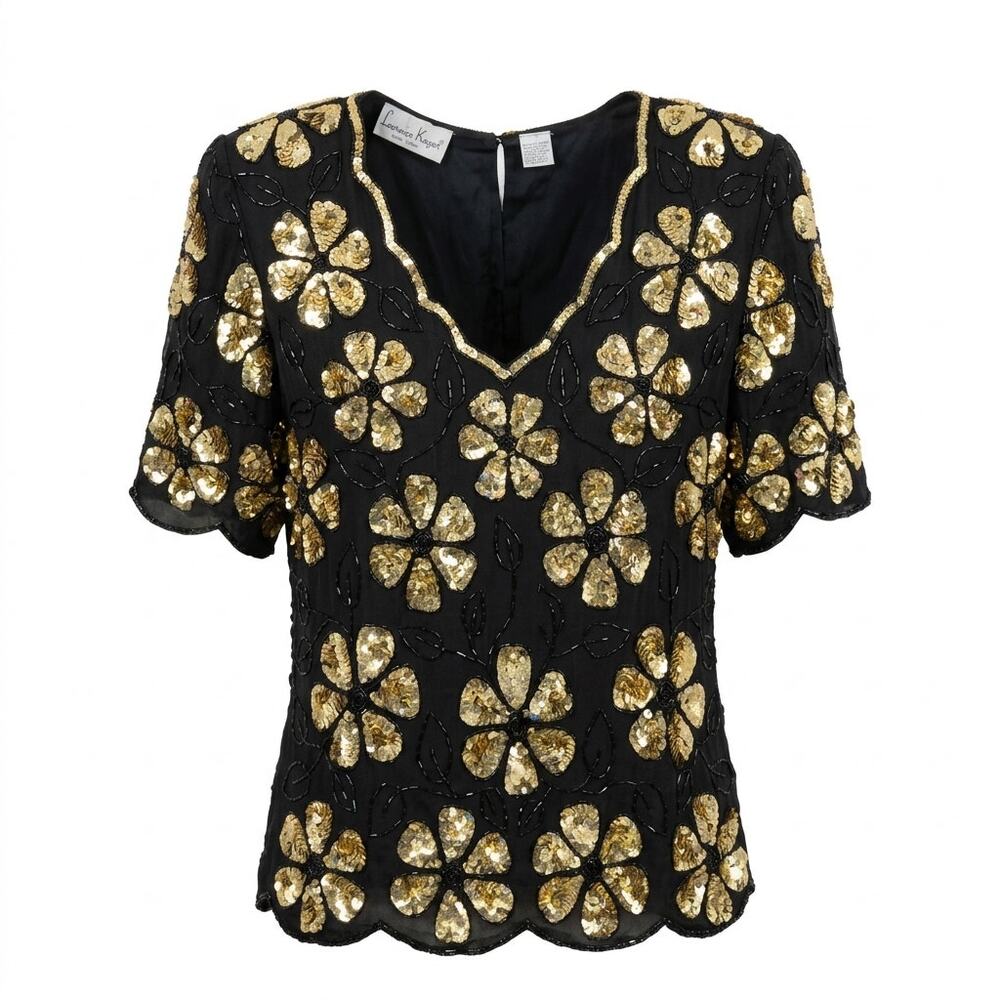 Vintage Laurence Kazar 100% Silk Sequin Beaded V-Neck Blouse Women Size M